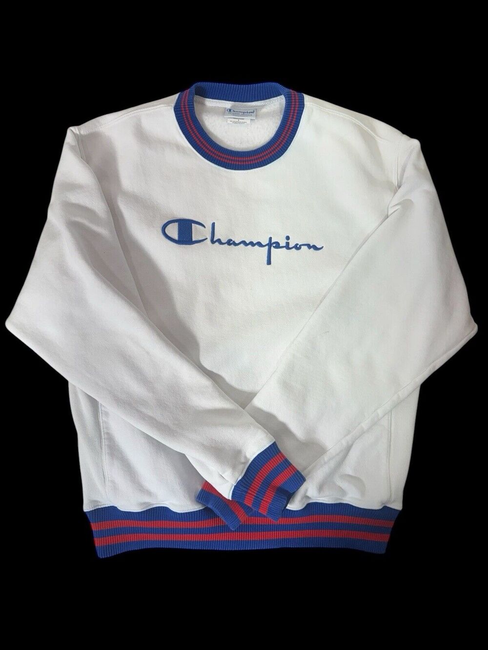 Vintage 90s Champion Reverse Weave White Blue Red White Ringer Sweatshirt